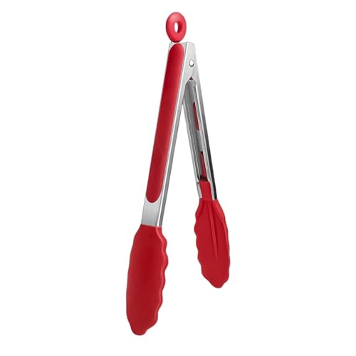 Image of Stainless Steel Food Tongs with Silicone Tips- 9 INCH | 230C Heat Resistant, Heavy Duty Non-Stick Tongs for Kitchen BBQ Cooking Grilling Buffet Noodles Salad Steak (RED)