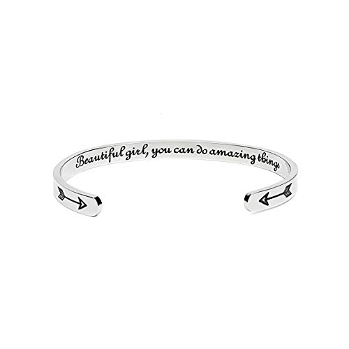 Inspirational Bracelets for Women Mom Personalized Gift for Her Engraved Mantra Cuff Bangle Crown Birthday Jewelry. (Beautiful girl, you can do amazing things)