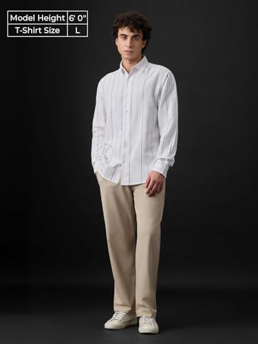 Image of The Souled Store Cotton Linen Stripes: Prisma Men and Boys Long Sleeve Spread Collar White Stripes Regular Fit Casual Everyday Office Wear Lightweight Cotton Linen Shirt