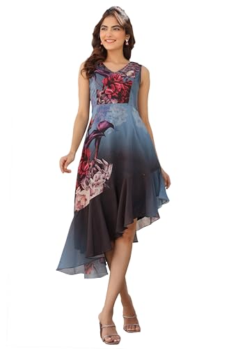 Robe asymétrique en georgette grise fleurie pour femme