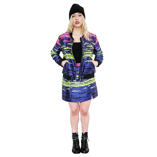 Alchemy & Sorcery Women's Rory Bomber Jacket, Colorful Jacquard Pattern, Purple with Pink and Green, y2k, Neon, 90s Fashion2