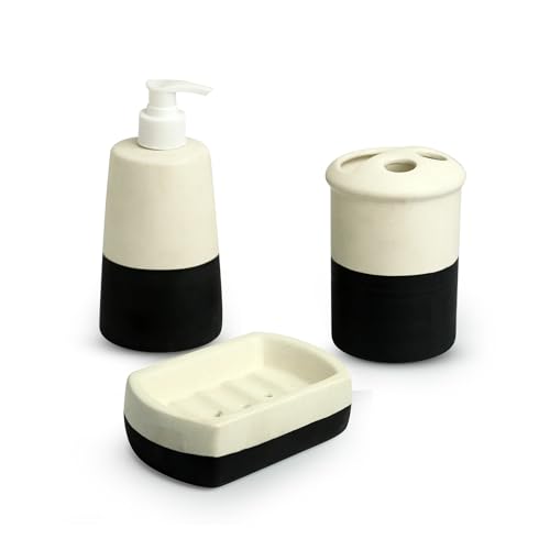 Image of ExclusiveLane 'Shadow & Light' 3 Piece Ceramic Bathroom Accessories Set - Soap Tray, Toothbrush Holder, Liquid Soap Dispenser