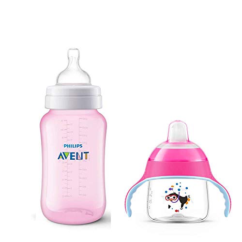 KIT AVENT 01 Mamadeira Classic Rosa 330 ml + 01 Copo Pinguim Rosa 200 ml (6 meses +)