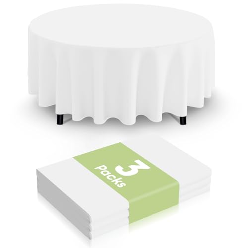 Image of Smiry Disposable Table Cloth 3 Pack, 84 Inch Round Waterproof Plastic Tablecloth, Decorative Round Table Covers for Party, Birthday, Picnic, White