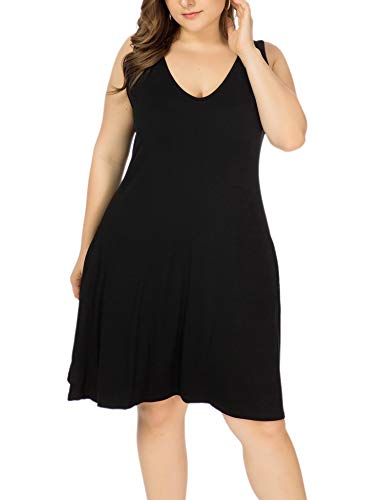 Image of Women Plus Size V Neck Sleeveless Floral Print Pocket T Shirt Dresses Casual Midi Tank Dress Beach Cover up Sundress (XL-5X)