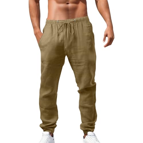 Linen Pants Men Slim Fit Elastic Waistband Lightweight Summer Beach Fashion Casual Pant with Pockets