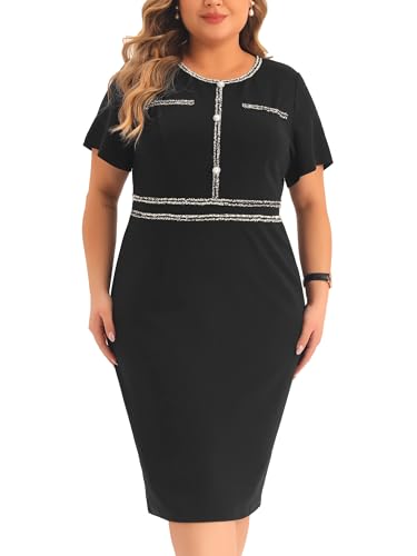 Agnes Orinda Plus Size Dresses for Women Button Crew Neck Vintage Wear to Work Office Party Bodycon Pencil Dress