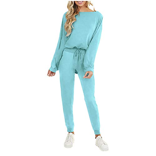 Women's 2 Piece Outfit, Solid Color Sweatsuits Long Short Sleeve Pullover Sweatshirt Skinny Pants Tracksuit Set Sky Blue
