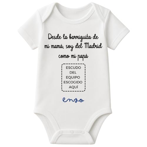 Genérico Body bebé personalizado barriguita fútbol | 100% Algodón | Personalizado a tu gusto | Manga larga/corta | Regalos para bebés (Blanco, 0-3M)