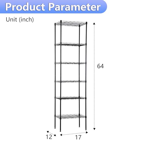Image of BestOffice | 6-Tier Wire Storage Shelves | 17x12x64 | Black | with Adjustable Racks | Heavy-Duty Metal Shelf, Holds Upto 600 lbs | No-Tool Assembly | Ideal for Home & Garage Shelving