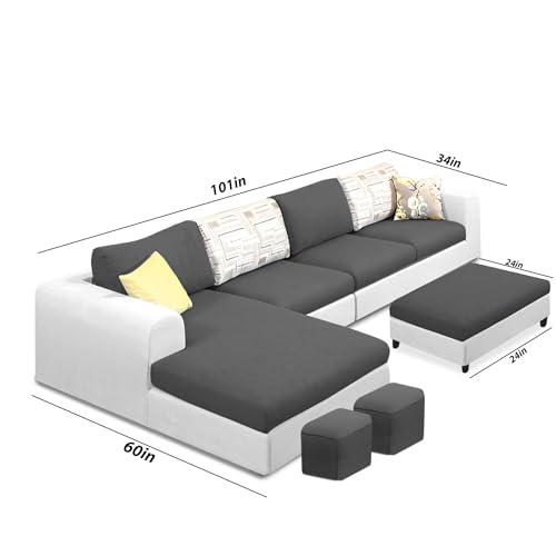 Image of Koza LHS 8 Seater L Shape Sofa Set with Center Table for Living Room (Black Grey Fabric) Premium Fabric Sofa