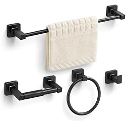 Matte Black Bathroom Hardware Set 4 Pieces,Towel Bar Set Stainless Steel Wall Mounted, Includes 16In Hand Towel Bar, Towel Ring, Robe Towel Hooks,Toilet Paper Holder, Bathroom Towel Rack Set