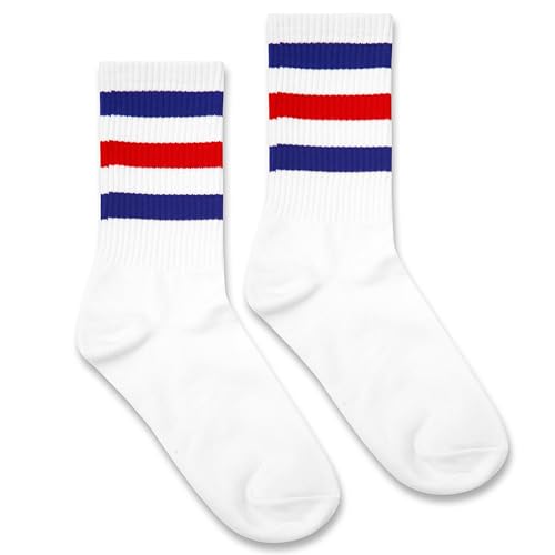 Classic Striped Tube Socks, Back To School Gifts, Soft Cotton Retro Tube Socks For Men, Women& Teens, Fathers Day，1 Pairs, Blue/Red/White - Cotton Graduation Gift For For Men, Women, Teens. (048)3