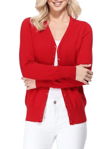 Image of YEMAK Women's Knit Cardigan Sweater - Long Sleeve V-Neck Basic Classic Casual Button Down Knitted Soft Lightweight Top