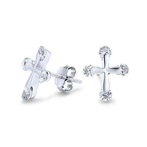 Bling Jewelry - Danity Accent CZ Tips Small Petite Religious Cross Stud Earrings For Women Men Teens.925 Sterling Silver
