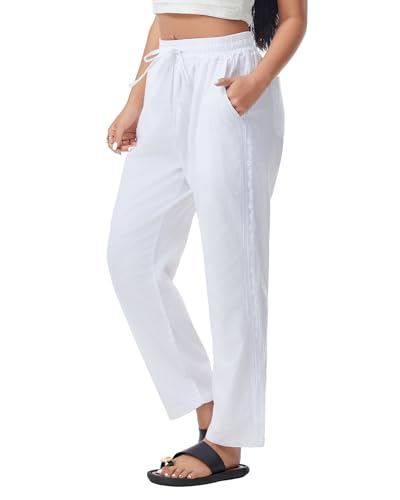 Women Linen Pants Drawstring Elastic Lightweight Capri Pants with Lace Side Summer Beach Casual Pants for Women2
