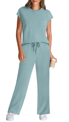 Image of WIHOLL 2 Piece Sets for Women Casual Summer Travel Vacation Outfits Cap Sleeve Lounge Set