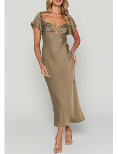 Image of Summer Satin Flutter Sleeve Wedding Guest Dresses for Women Sweetheart Neckline Cutout Tie Back Midi Cocktail Dress