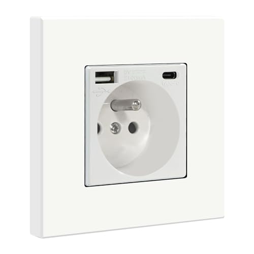 BSEED Prise Murale avec USB et 1 Type C,16A Prise de Courant Alternatif avec Panneau en Plastique,Multiprise Murale(Max 2.1A),Convient au Smartphone,à la Tablette (1 Prise avec USB et Type C,Blanc)