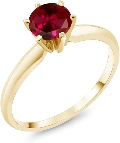 Finecreation_usa !! 14K Yellow Gold Finish Red Created Ruby Engagement Ring | 1.00 Cttw | Round 6MM | Wedding Solitaire Anniversary Promise Gold Ring For Women | all size Available (yellow, 5.5)