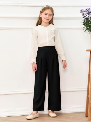 Haloumoning Girls High Waisted Uniform Pants Kids Wide Leg Dress Pants Casual Trousers with Pockets 5-14 Years