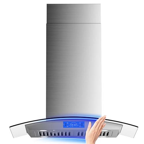 Comparison: Best Range Hood For Vaulted Ceiling 6 FIREGAS Island Range Hood 30 inch 700 CFM with Chimney, Ceiling Mount Kitchen Vent Hood with Tempered Glass, 4 LED Lights, Permanent Filters, Premium Touch Control Panel, Includes Charcoal Filter