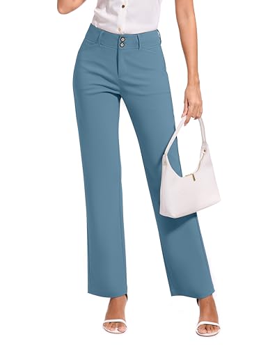 FUNYYZO Women Stretch Business Straight Leg Dress Slacks Pants with Pockets Wear to Work Casual Suitpants