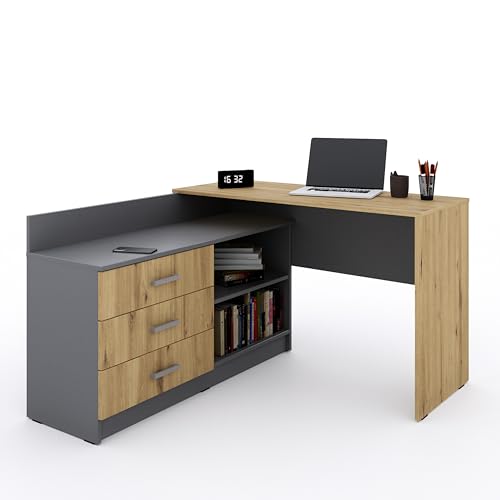 Marlux-Meble Schreibtisch mit Schubladen 3 und Regalen 2 | Eckschreibtisch Grau Matt - Artisan-Eiche | PC Schreibtisch L Form (Omega Schreibtisch Holz 131x120x76 cm)