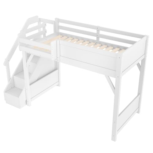Image of KEIKI Solid Wood Twin Size Loft Bed Frame with Stairs, Built-in Wardrobe and Storage Space, Twin Loft Bed with Shelves, Full-Length Guardrails, No Box Spring Needed for Bedroom, Light White