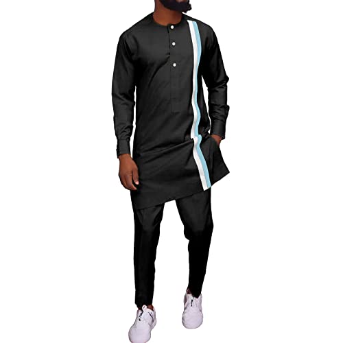 African Clothing for Men Dashiki Long Sleeve Casual Top Pant 2 Piece Suit Tribal Attire