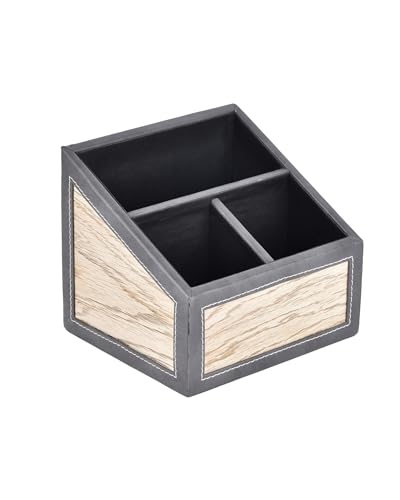 Image of Premsons Remote Holder - 3 Section Tabletop Organizer in Light Brown | Faux Leather with Refined Wooden Finish | Decorative & Practical Organizer - Grey