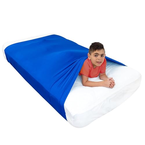 Image of Sensory Bed Sheet for Deep Pressure Therapy - Spandex Bed Sheet - Sensory Compression Blanket for ADHD, Autism - Breathable & Hypoallergenic, Blue, Queen Size