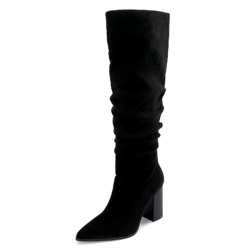 Knee High Boots Faux Suede Pointed Toe Boots for Women Chunky Block Tall Boots with Side Zip