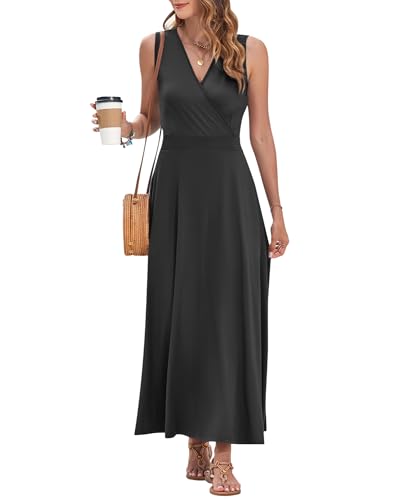 Image of AUSELILY Womens Maxi Dress Summer Sleeveless Wrap Long Dresses with Pockets | V-Neck Wrap Sleeveless Sundress, fits formal, casual, beach, vacation & daily wear