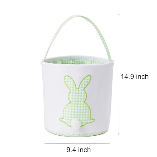 Image of CHOIEO Easter Basket with Handle Easter Bucket Easter Baskets Easter Basket Bags Egg Hunt Basket Canvas Plaid Bunny Print Basket with Fluffy Tail (Green Plaid)