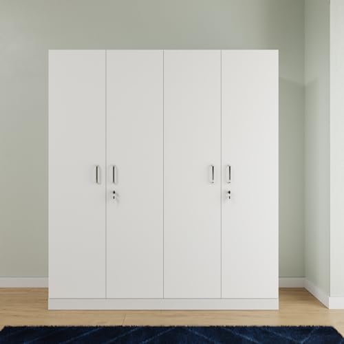 Image of VIKI Wardrobe | Wooden Almirah for Clothes,Door for Bedroom, 4 Door Wardrobe with Shelves & Hanging Space (Frosty White - 40D x 160W x 180H) | 1 Year Warranty | Free Assembly
