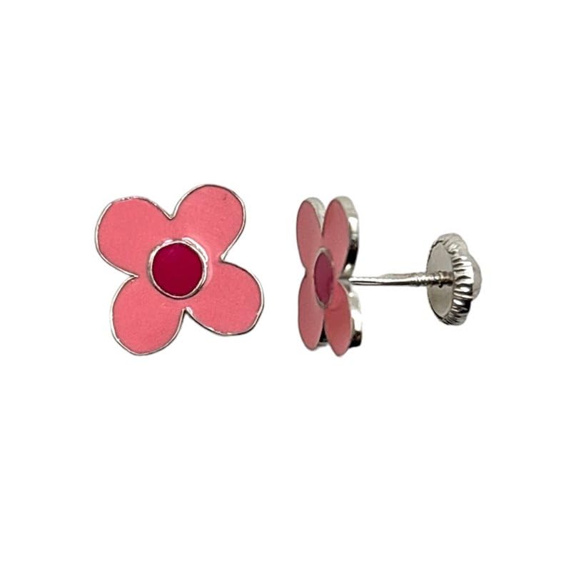 Pendientes flor rosa peonía para niñas en plata de ley hipoalergénica con cierre de rosca