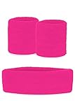 krautwear Damen Mädchen Schweißbänder Stirnband 2 Armbänder Beinstulpen Handschuhe 80er Jahre Set Neon Pink (Schweißbänder Set, pink)