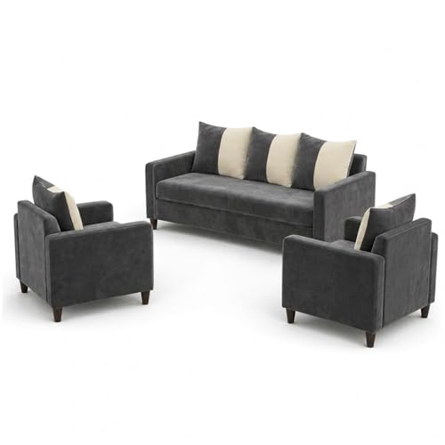 Image of FURNY Rion 3 Seater + 1 Seater + 1 Seater Fabric Sofa Set (Dark Gray-Cream) with Velvet Finish | Durable Comfort | Ideal for Living Room