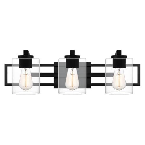 Image of Quoizel Lansdowne Modern Bath Vanity Lights, 24 Inch 3-Light Matte Black Lighting Fixtures Over Mirror, Clear Glass Shade, 100W, Decorative Wall Light for Bathroom, Dresser, Kitchen or Hallway