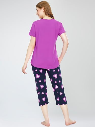 Image of ZEYO Night Suit for Women's Heart Printed Cotton Night Dress of Top and Capri Set 5745