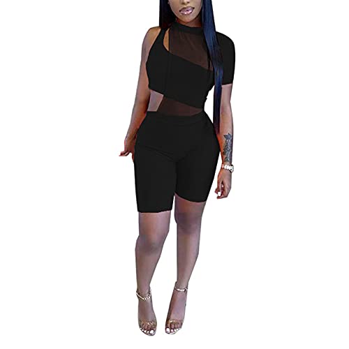 Halfword Women’s Sexy Sheer Mesh Short Jumpsuit 2 Piece High Neck Romper One Shoulder Cut Out Crop Top Sweatsuits Black L