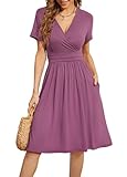 WEACZZY Women Summer Casual Short Sleeve Dresses Empire Waist Dress with Pockets,Mauve,L