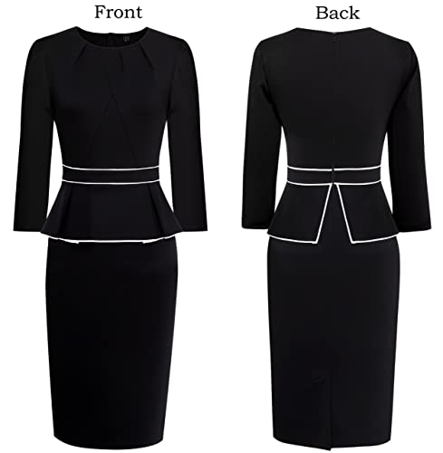 Image of VFSHOW Womens Pleated Crew Neck Peplum Slim Work Business Dress Elegant 3 /4 Sleeves Office Church Bodycon Pencil Sheath Dress