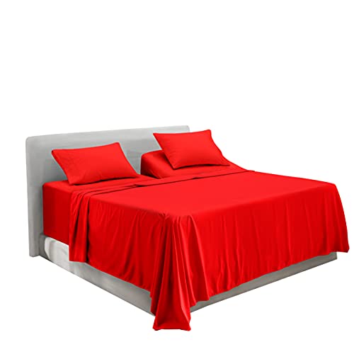 Image of Hearth & Harbor Extra Deep Pocket 5-Piece Bed Sheets Set - Super Deep Fitted Sheet 18-24 inces Depth, Fits High Profile Mattresses with Toppers, Split King, Cherry Red