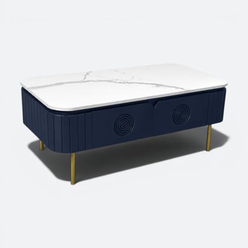 Image of Solid Wood Mandala Center Table with Sintered Stone Top for Living Room |Premium Acrylic Midnight Blue Finish | 115 cm (W) x 60 cm (D) x 45 cm (H)