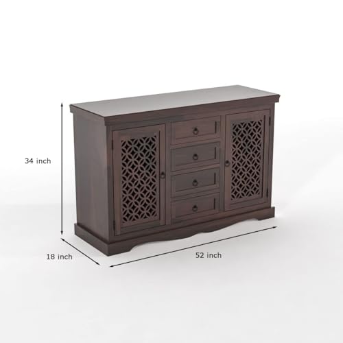 Image of Solid Sheesham Wood Sideboard and Cabinets | Wooden Side Board Media Console Tv Cabinet for Living Room | Free Standing Cabinet with 4 Drawers & 2 Door Cabinet Storage | Walnut Finish