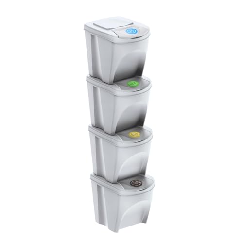 Sorting Bins Recycling Segregation Waste Set Stackable Lidded White bin 20L or 25L with Labels Stickers (4x 25L)
