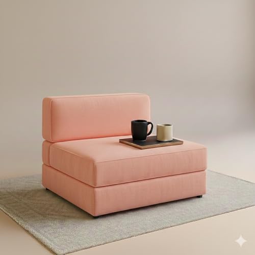 Image of PUM PUM 2-Seater Sofa Cum Bed | EPE Foam Foldable Couch with Velvet Fabric & Washable Cover | Convertible Sofa Bed for Home, Living Room & Office Guests | 3 x 6 Ft (Peach)