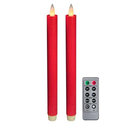Image of Flameless Taper Candles Flickering with Remote and Timer, 3D Moving Flame Taper Candle Battery Operated to 400 Hours, 9 Inch Window Candles, (Holiday Red)